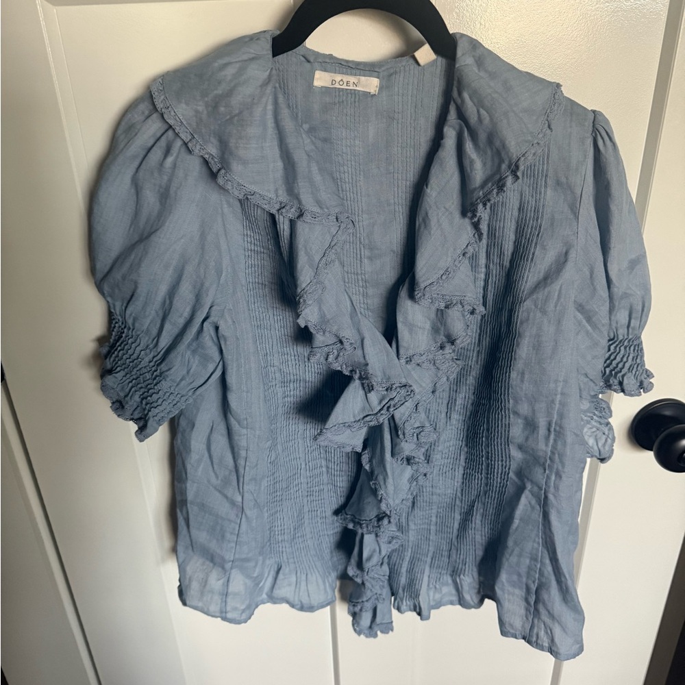 DÔEN RAMIE FRENCH BLUE PIPER DRESS REDESIGNED BY ME AS A BLOUSE. SIZE SMALL